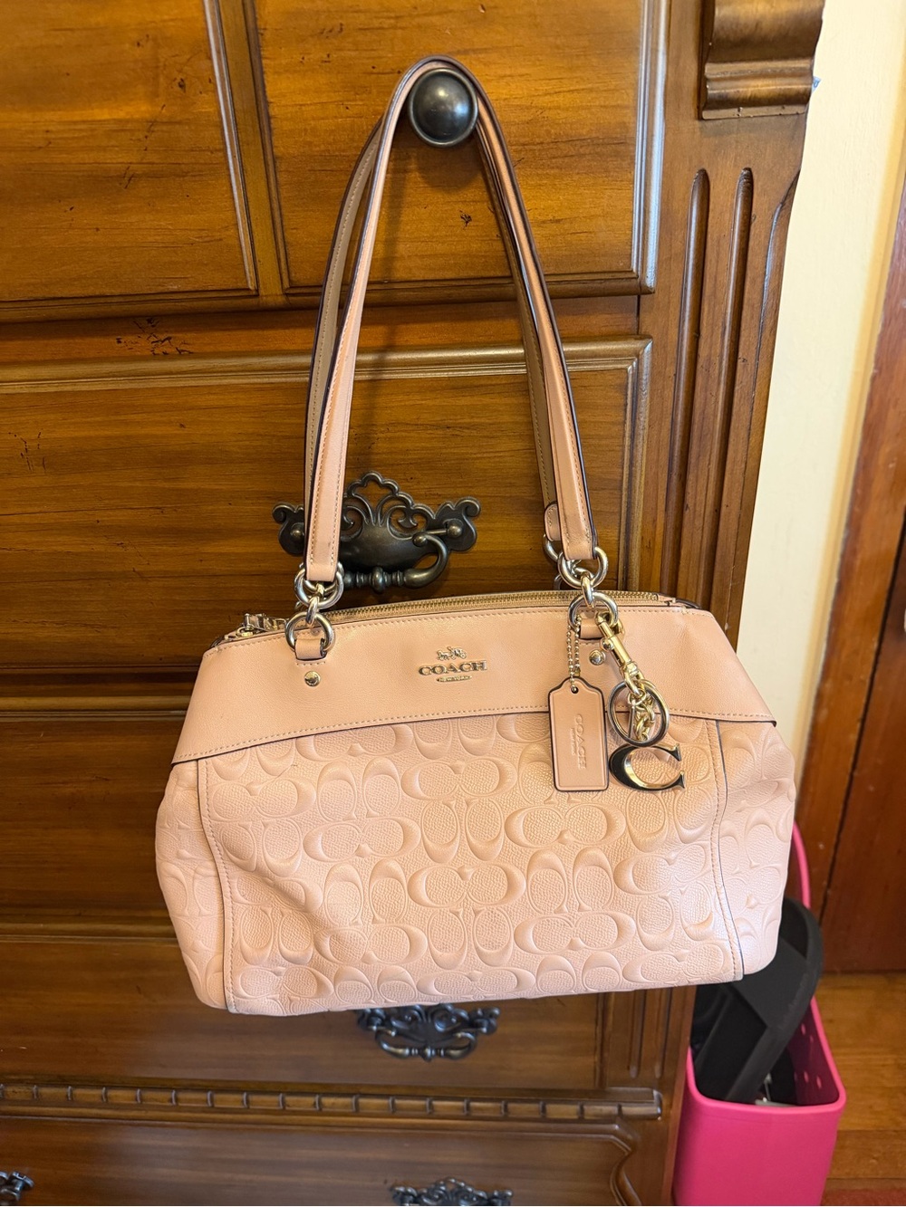 COACH Signature Embossed Leather Satchel in Blush Apricot with matching wallet!